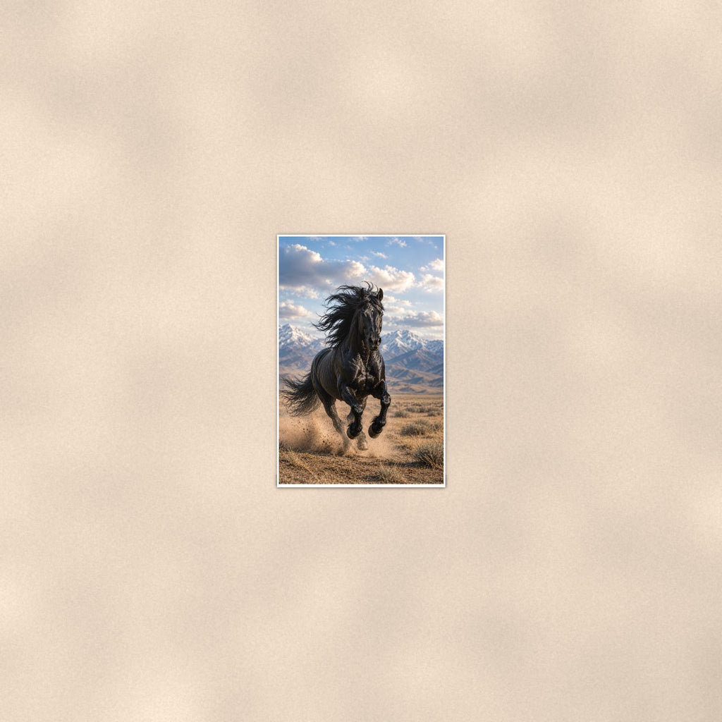 Black Stallion Run — 24x36 in art print poster, premium luster paper with a white border; poster seen from further back, at true 24x36 in scale on a warm wall.