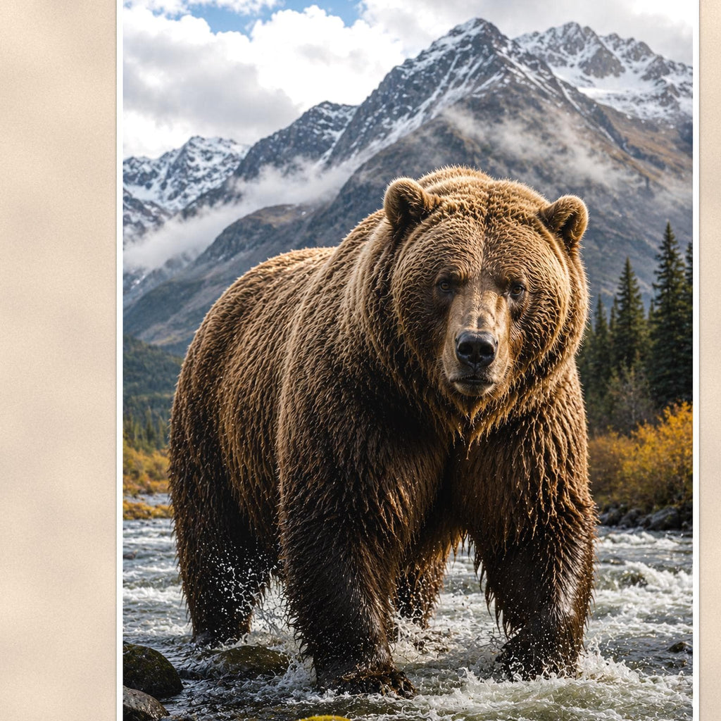 River Grizzly — 24x36 in art print poster, premium luster paper with a white border; close-up framed on the main subject of the artwork, paper surface visible.
