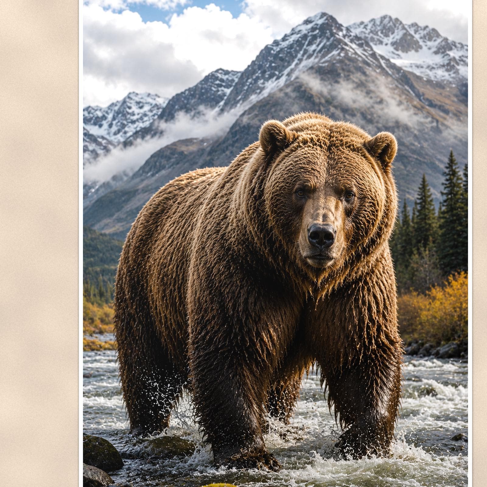 River Grizzly — 24x36 in art print poster, premium luster paper with a white border; close-up framed on the main subject of the artwork, paper surface visible.
