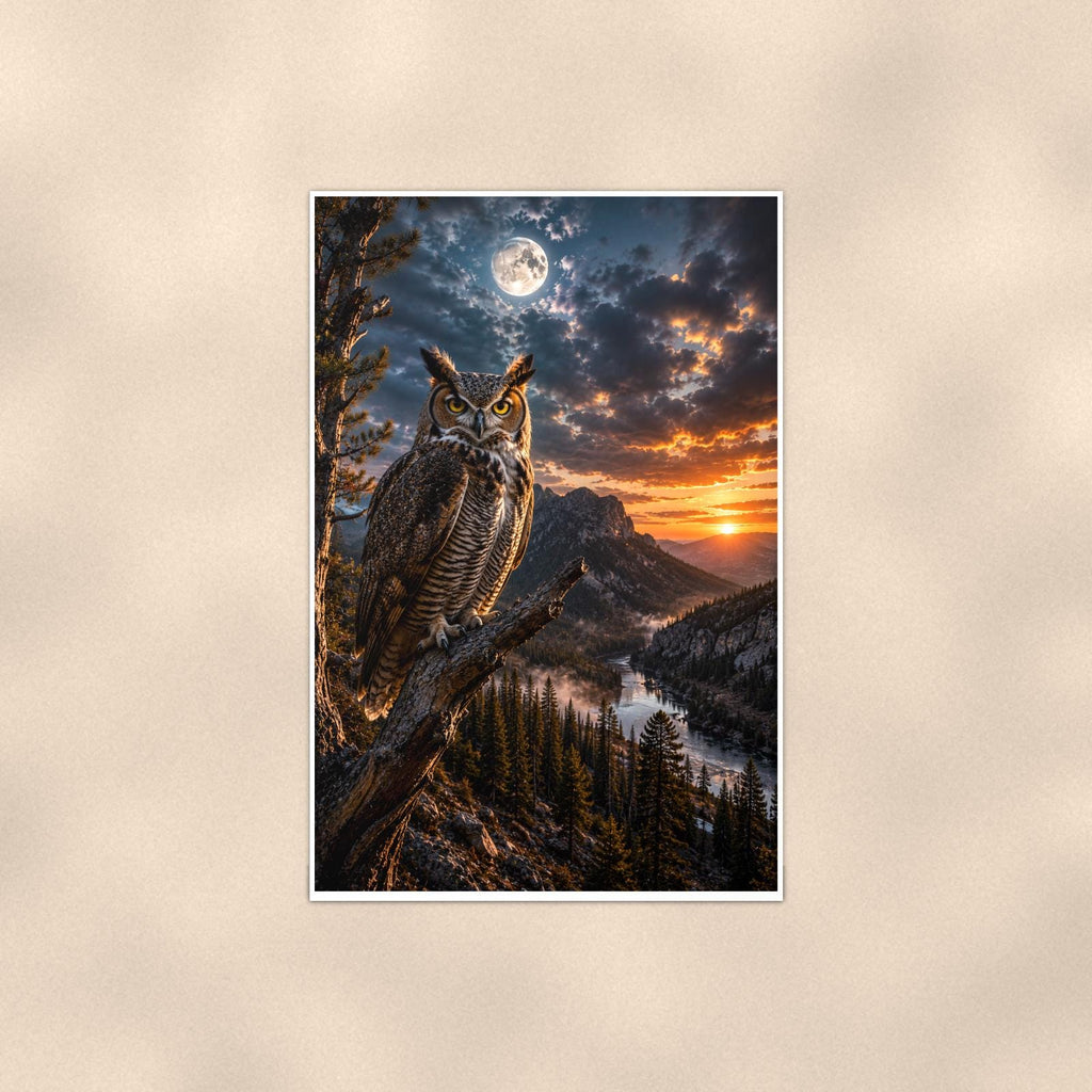 Moonlight Owl — 24x36 in art print poster, premium luster paper with a white border; poster shown straight on against a warm wall.