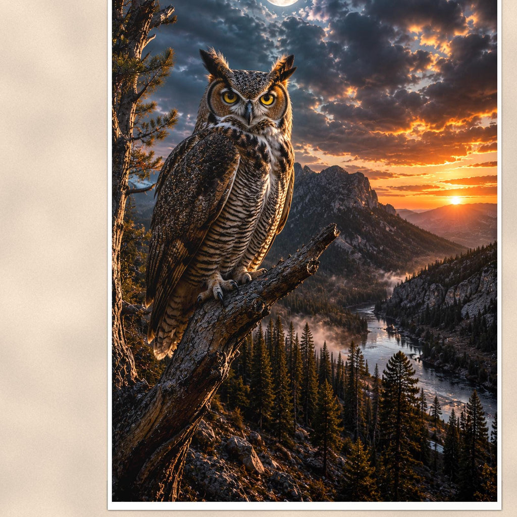 Moonlight Owl — 24x36 in art print poster, premium luster paper with a white border; close-up framed on the main subject of the artwork, paper surface visible.