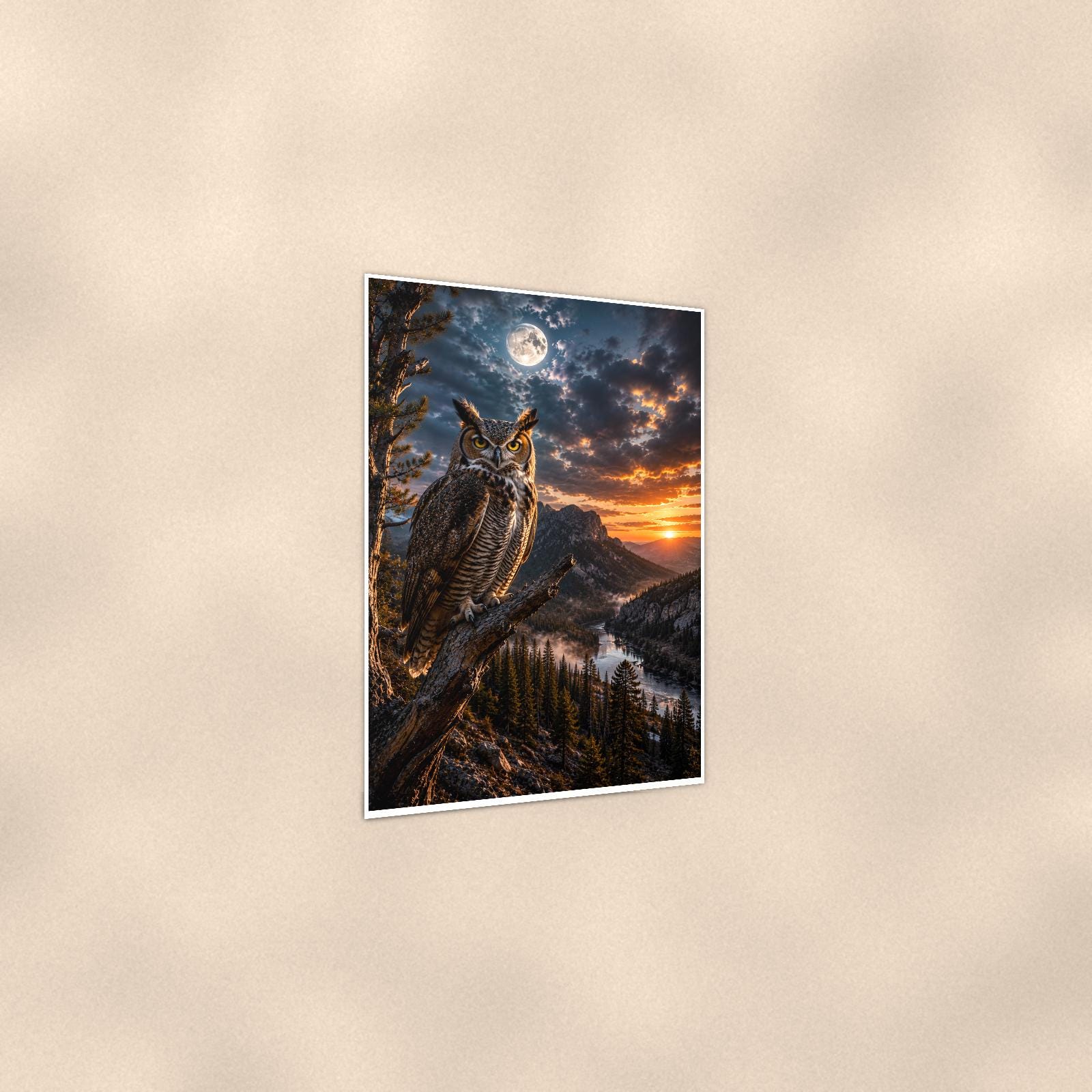 Moonlight Owl — 24x36 in art print poster, premium luster paper with a white border; gentle three-quarter angle on a warm wall, showing the flat paper edge.