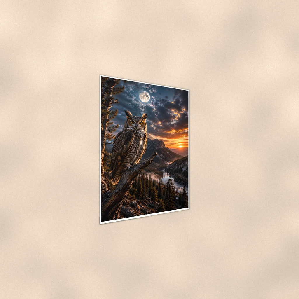Moonlight Owl — 24x36 in art print poster, premium luster paper with a white border; steeper three-quarter angle on a warm wall, catching the luster sheen.