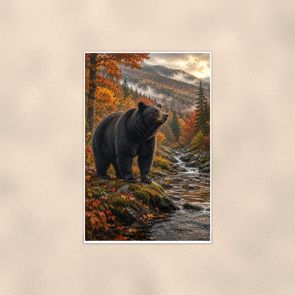 Autumn Black Bear — 24x36 in art print poster, premium luster paper with a white border; poster shown straight on against a warm wall.