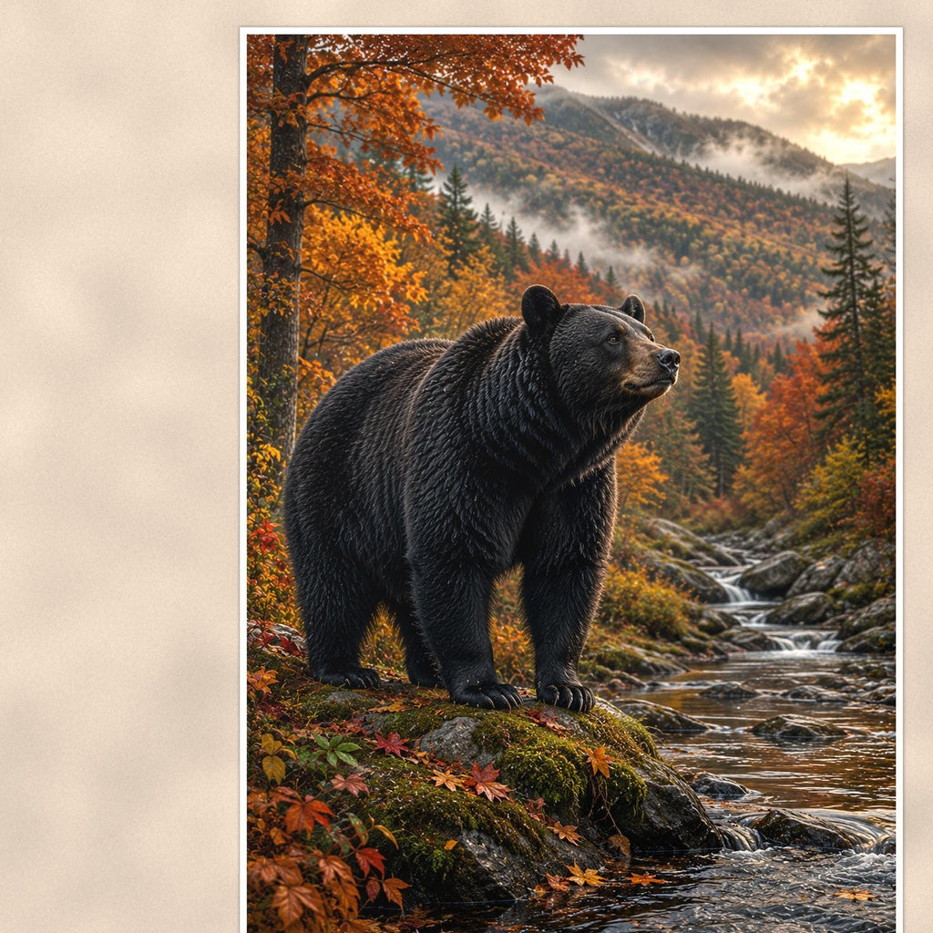 Autumn Black Bear — 24x36 in art print poster, premium luster paper with a white border; close-up framed on the main subject of the artwork, paper surface visible.