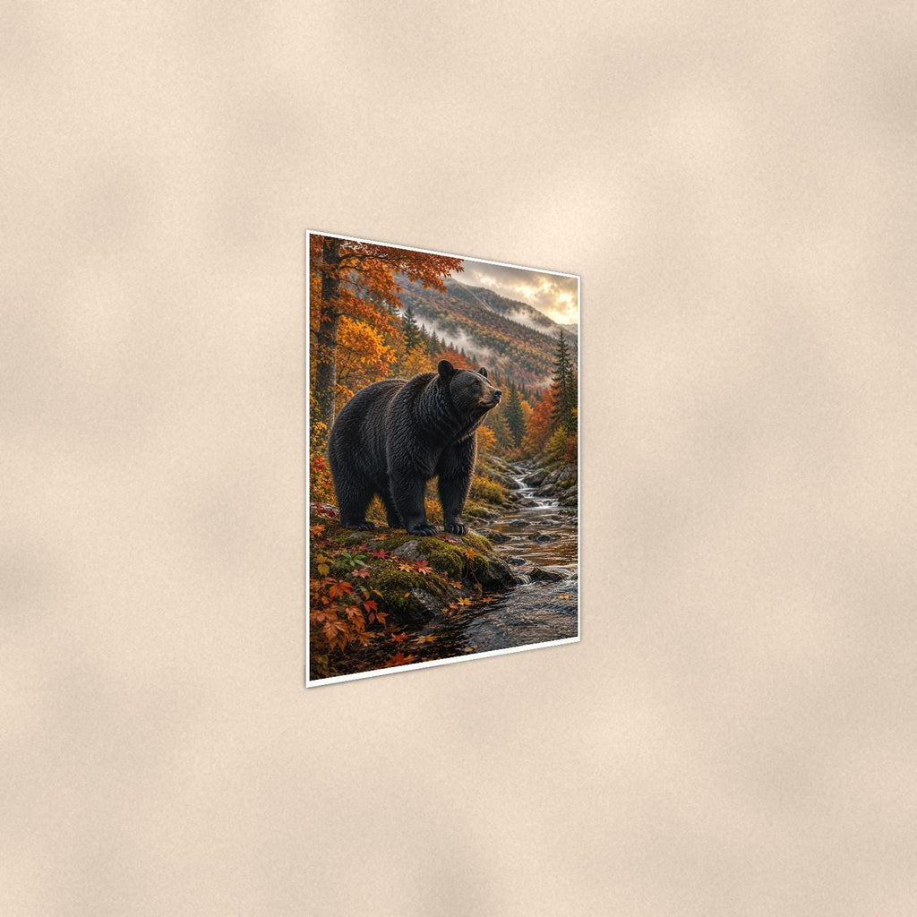 Autumn Black Bear — 24x36 in art print poster, premium luster paper with a white border; steeper three-quarter angle on a warm wall, catching the luster sheen.