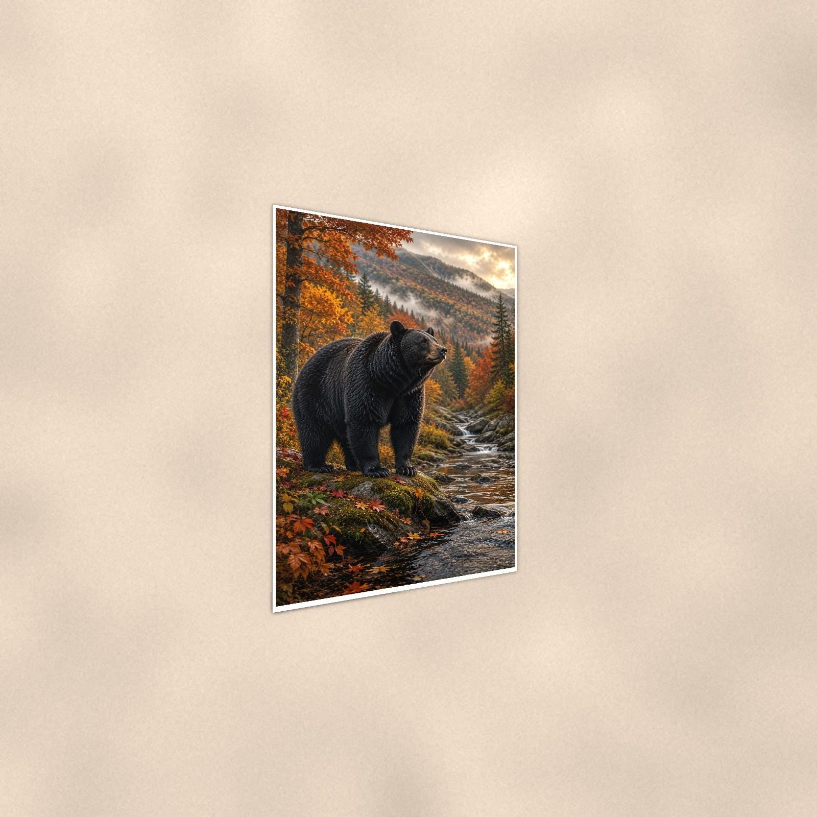 Autumn Black Bear — 24x36 in art print poster, premium luster paper with a white border; steeper three-quarter angle on a warm wall, catching the luster sheen.