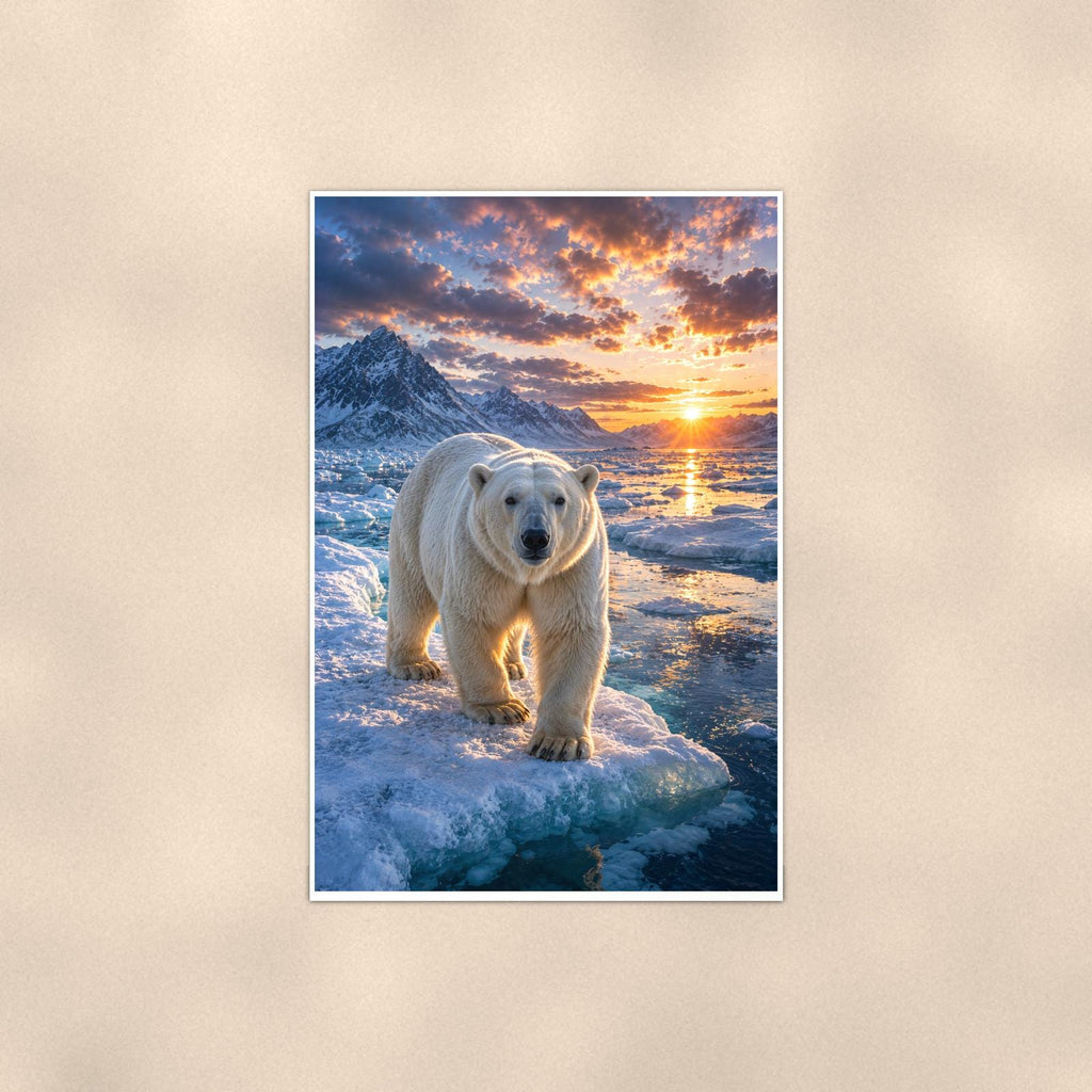 Polar Bear Sunset — 24x36 in art print poster, premium luster paper with a white border; poster shown straight on against a warm wall.