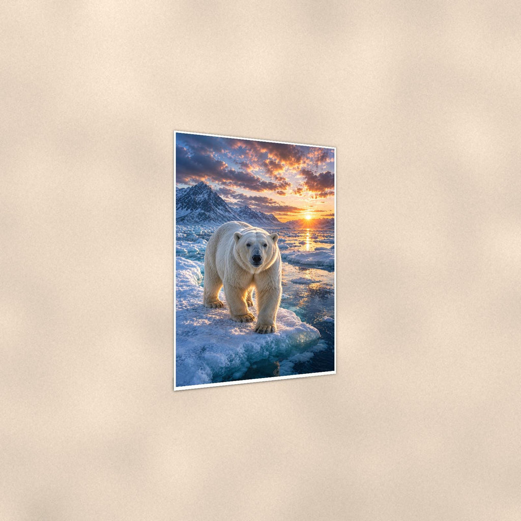 Polar Bear Sunset — 24x36 in art print poster, premium luster paper with a white border; gentle three-quarter angle on a warm wall, showing the flat paper edge.