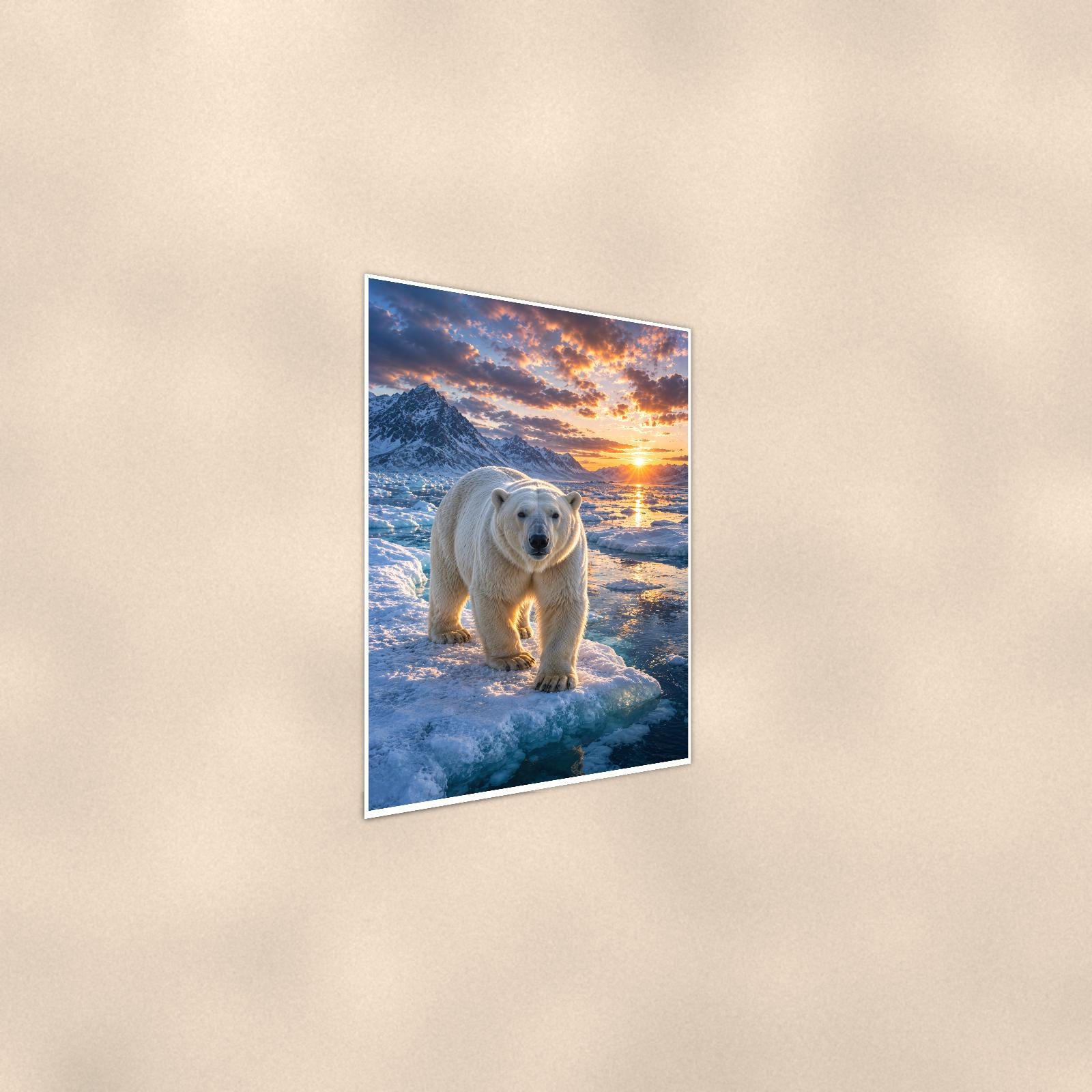 Polar Bear Sunset — 24x36 in art print poster, premium luster paper with a white border; steeper three-quarter angle on a warm wall, catching the luster sheen.