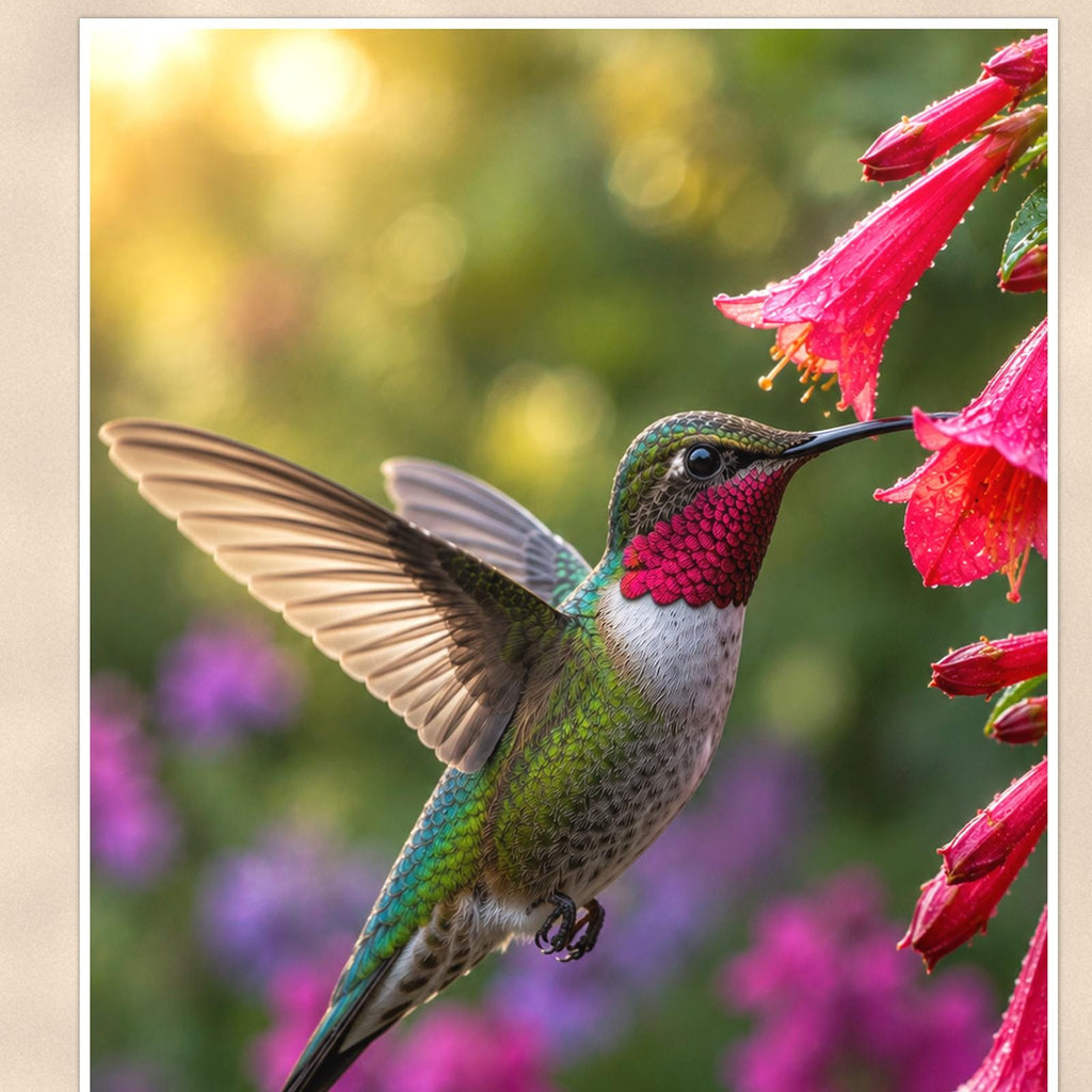Hummingbird Red Blooms — 24x36 in art print poster, premium luster paper with a white border; close-up framed on the main subject of the artwork, paper surface visible.