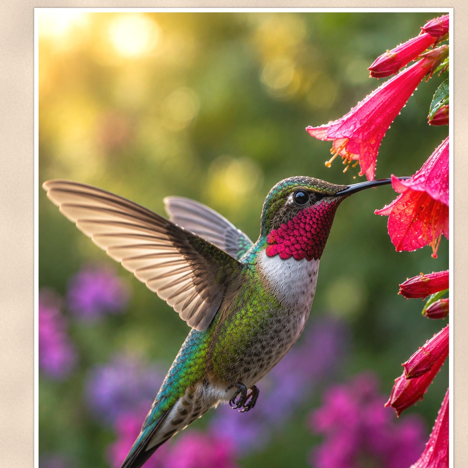 Hummingbird Red Blooms — 24x36 in art print poster, premium luster paper with a white border; close-up framed on the main subject of the artwork, paper surface visible.