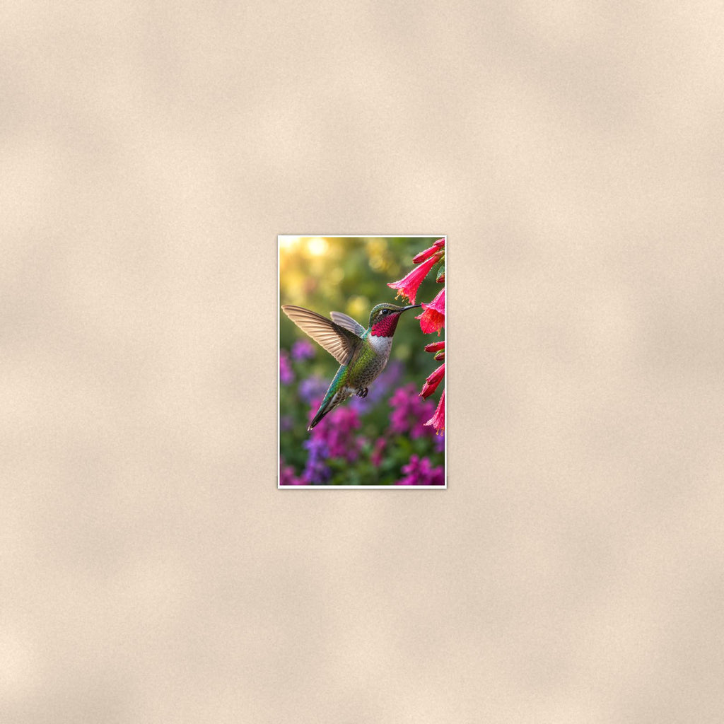 Hummingbird Red Blooms — 24x36 in art print poster, premium luster paper with a white border; poster seen from further back, at true 24x36 in scale on a warm wall.