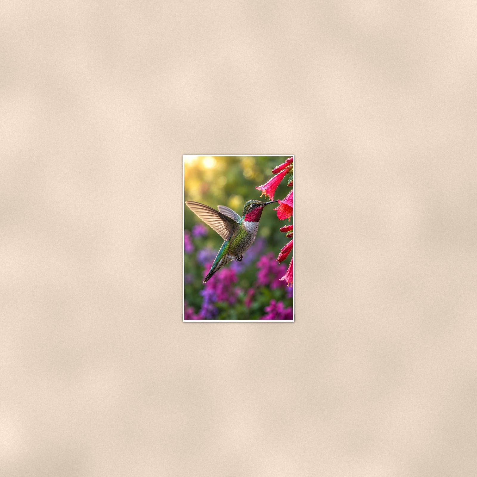 Hummingbird Red Blooms — 24x36 in art print poster, premium luster paper with a white border; poster seen from further back, at true 24x36 in scale on a warm wall.