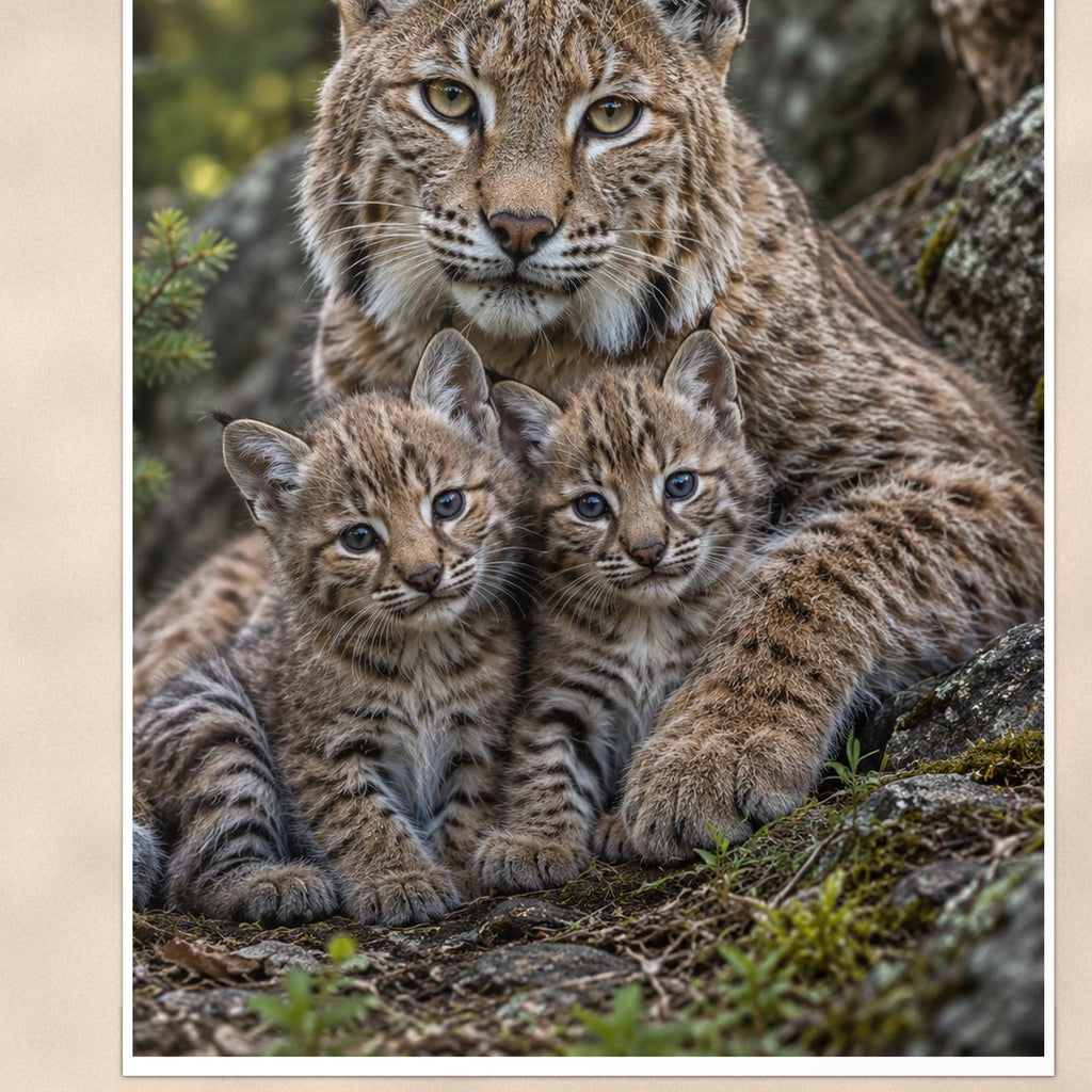 Bobcat Cubs — 24x36 in art print poster, premium luster paper with a white border; close-up framed on the main subject of the artwork, paper surface visible.