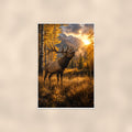 Autumn Elk — 24x36 in art print poster, premium luster paper with a white border; poster shown straight on against a warm wall.