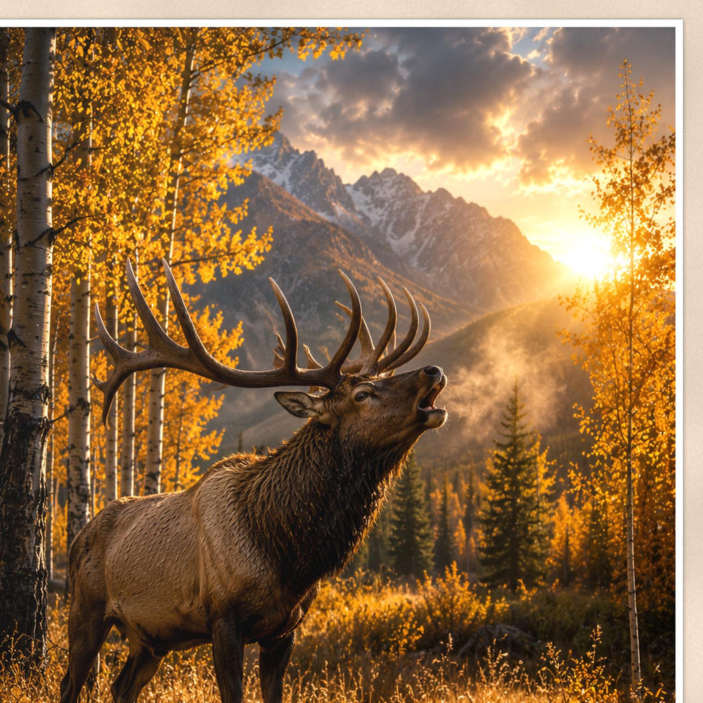 Autumn Elk — 24x36 in art print poster, premium luster paper with a white border; close-up framed on the main subject of the artwork, paper surface visible.