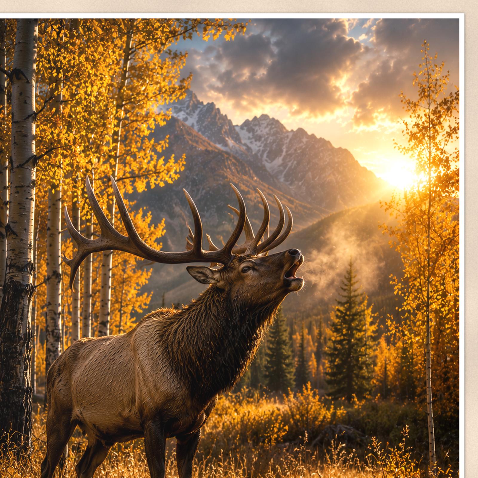 Autumn Elk — 24x36 in art print poster, premium luster paper with a white border; close-up framed on the main subject of the artwork, paper surface visible.