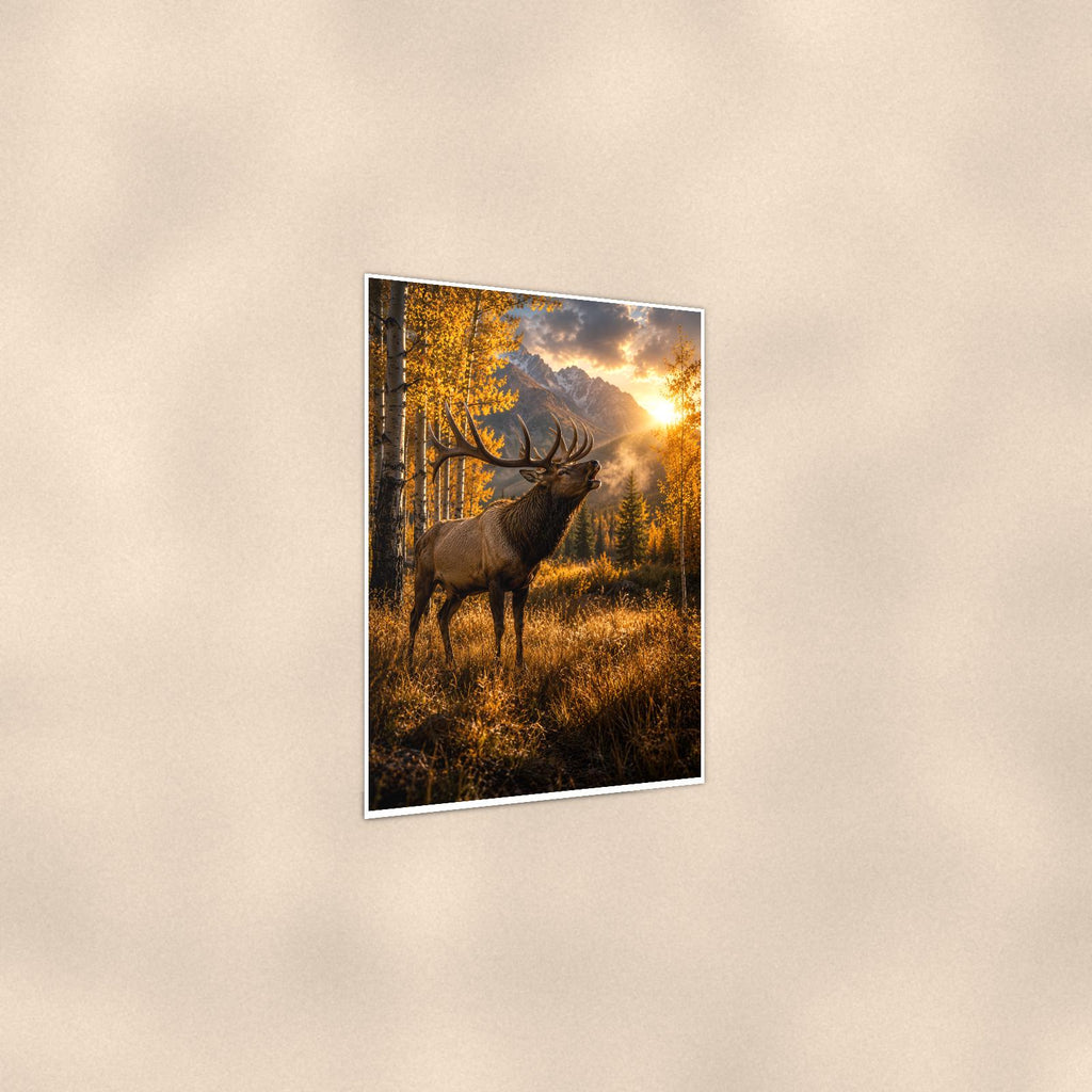 Autumn Elk — 24x36 in art print poster, premium luster paper with a white border; gentle three-quarter angle on a warm wall, showing the flat paper edge.