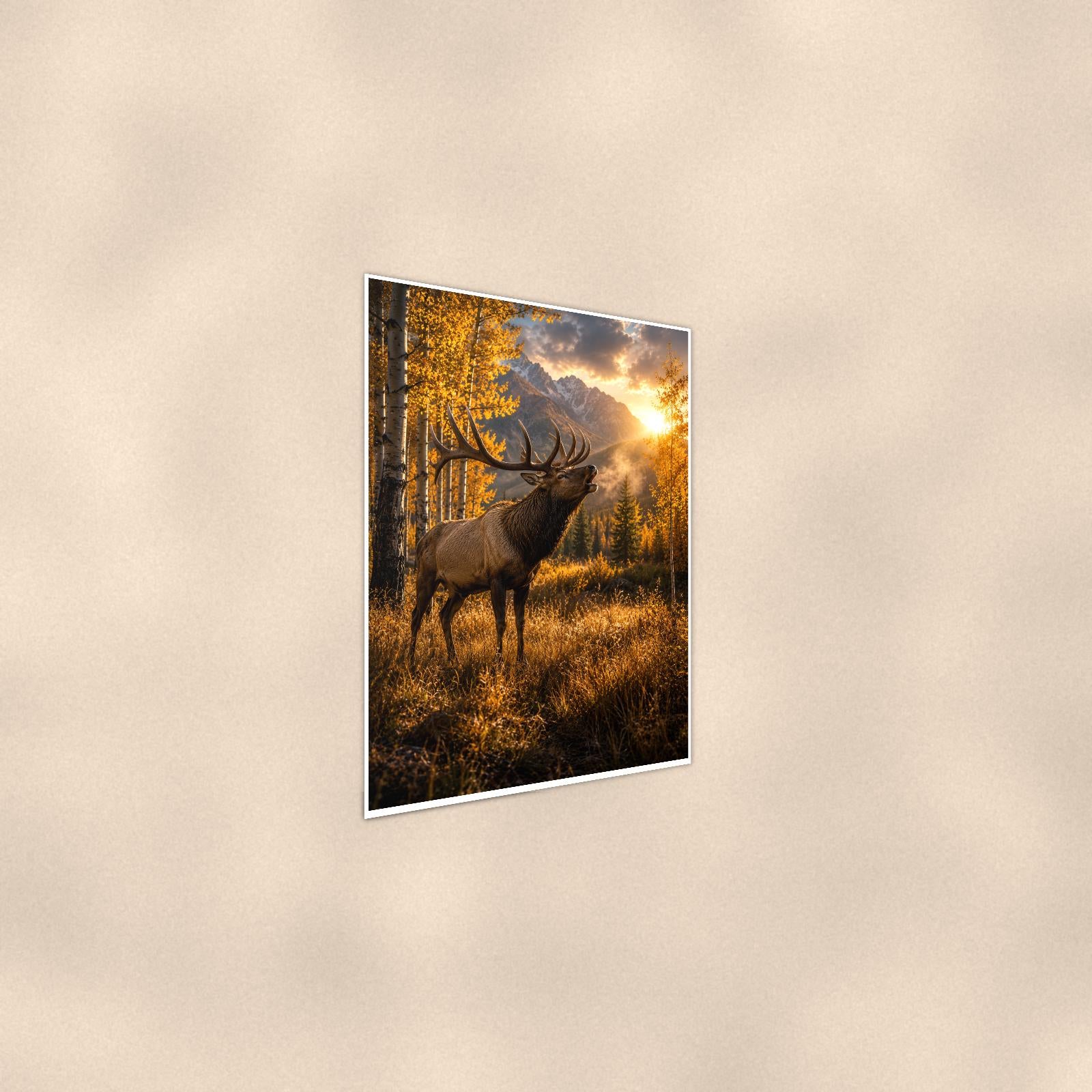 Autumn Elk — 24x36 in art print poster, premium luster paper with a white border; steeper three-quarter angle on a warm wall, catching the luster sheen.