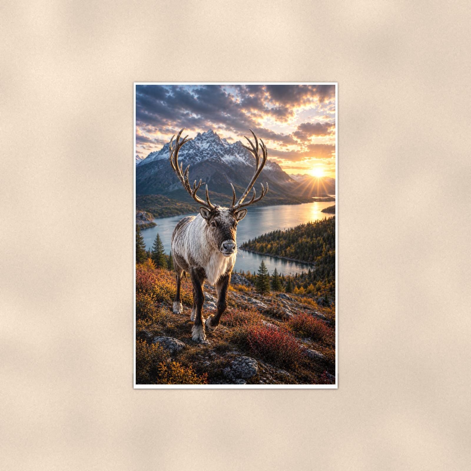 Caribou Lake — 24x36 in art print poster, premium luster paper with a white border; poster shown straight on against a warm wall.