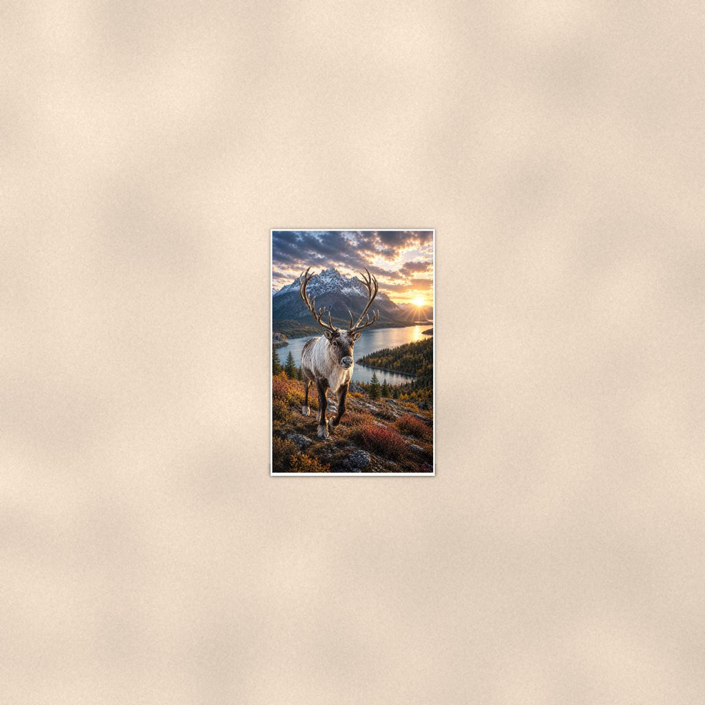 Caribou Lake — 24x36 in art print poster, premium luster paper with a white border; poster seen from further back, at true 24x36 in scale on a warm wall.