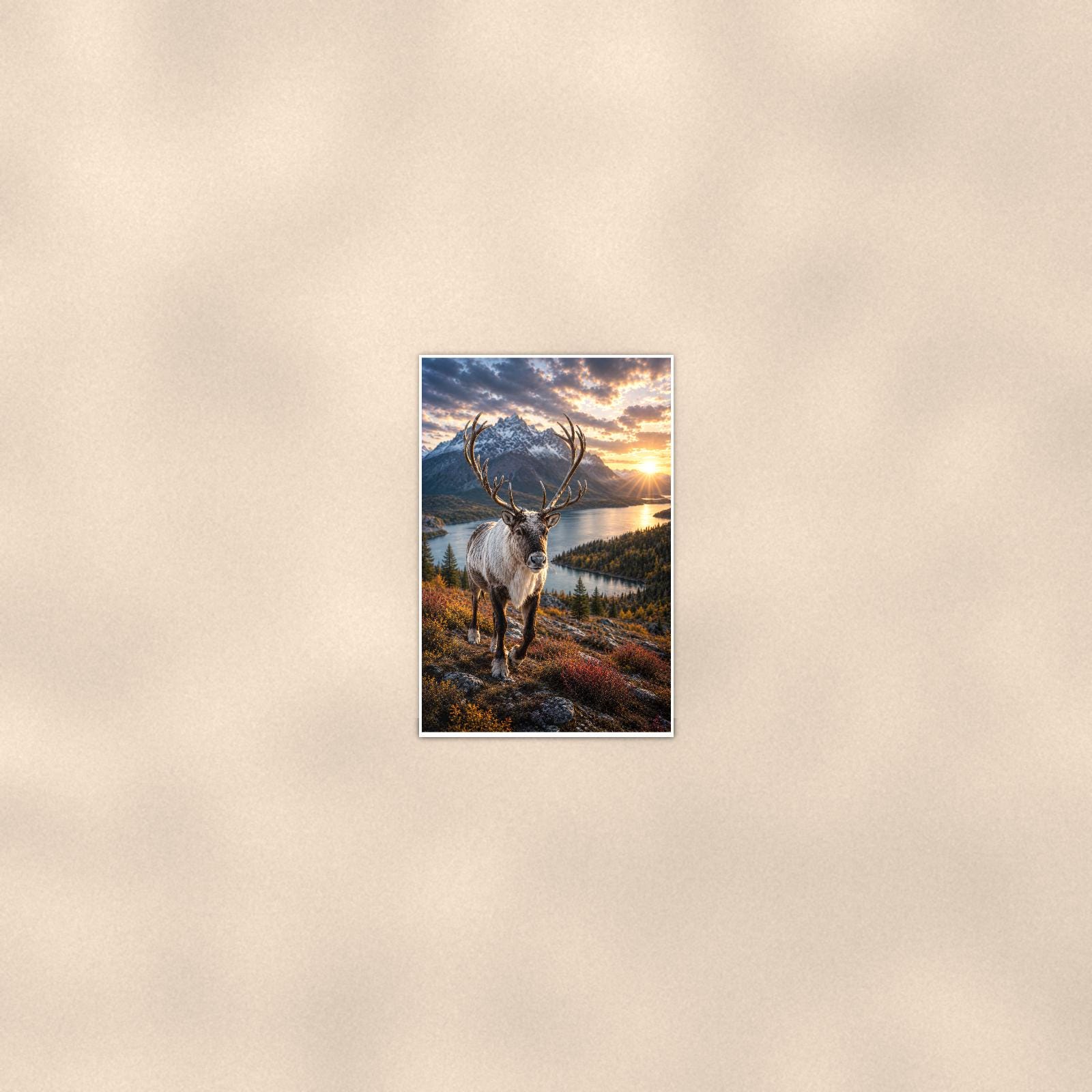 Caribou Lake — 24x36 in art print poster, premium luster paper with a white border; poster seen from further back, at true 24x36 in scale on a warm wall.