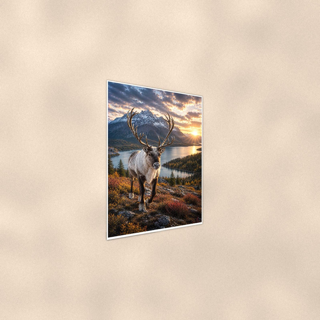 Caribou Lake — 24x36 in art print poster, premium luster paper with a white border; steeper three-quarter angle on a warm wall, catching the luster sheen.