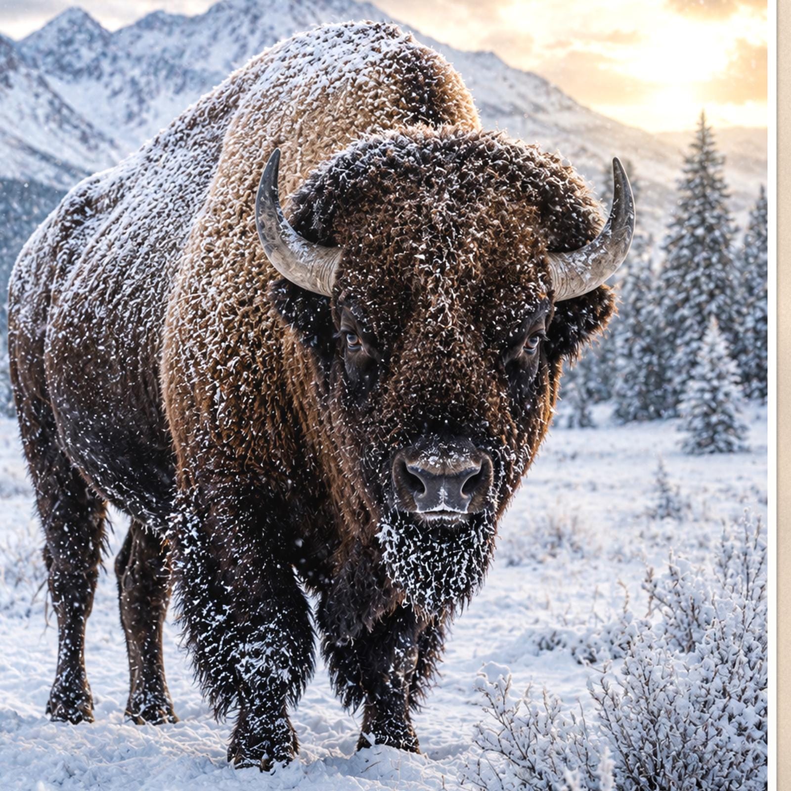 Snowstorm Bison — 24x36 in art print poster, premium luster paper with a white border; close-up framed on the main subject of the artwork, paper surface visible.