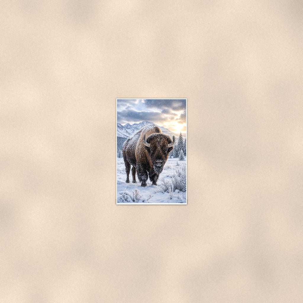 Snowstorm Bison — 24x36 in art print poster, premium luster paper with a white border; poster seen from further back, at true 24x36 in scale on a warm wall.