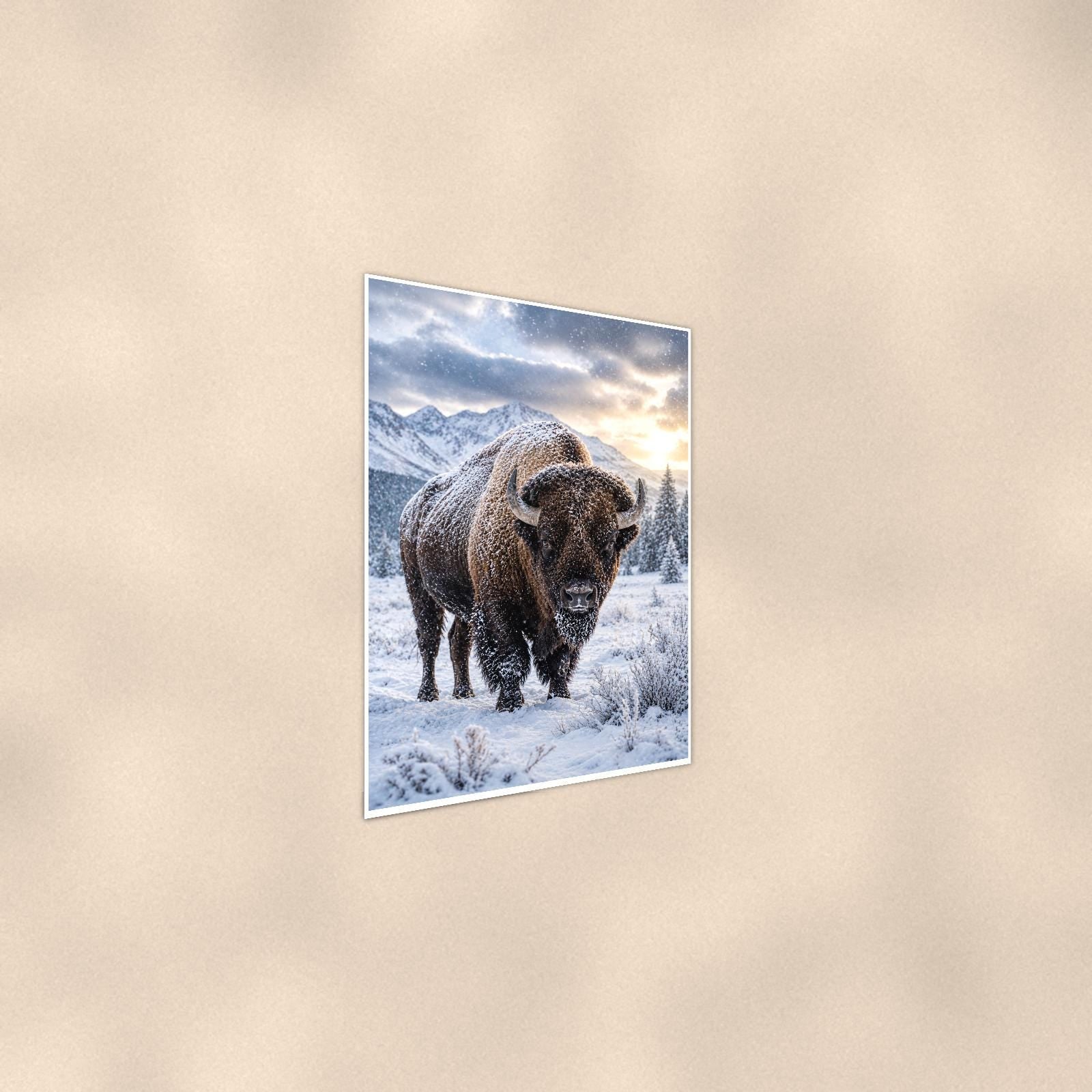 Snowstorm Bison — 24x36 in art print poster, premium luster paper with a white border; steeper three-quarter angle on a warm wall, catching the luster sheen.