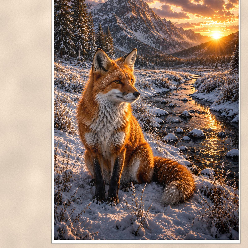 Winter Fox Creek — 24x36 in art print poster, premium luster paper with a white border; close-up framed on the main subject of the artwork, paper surface visible.