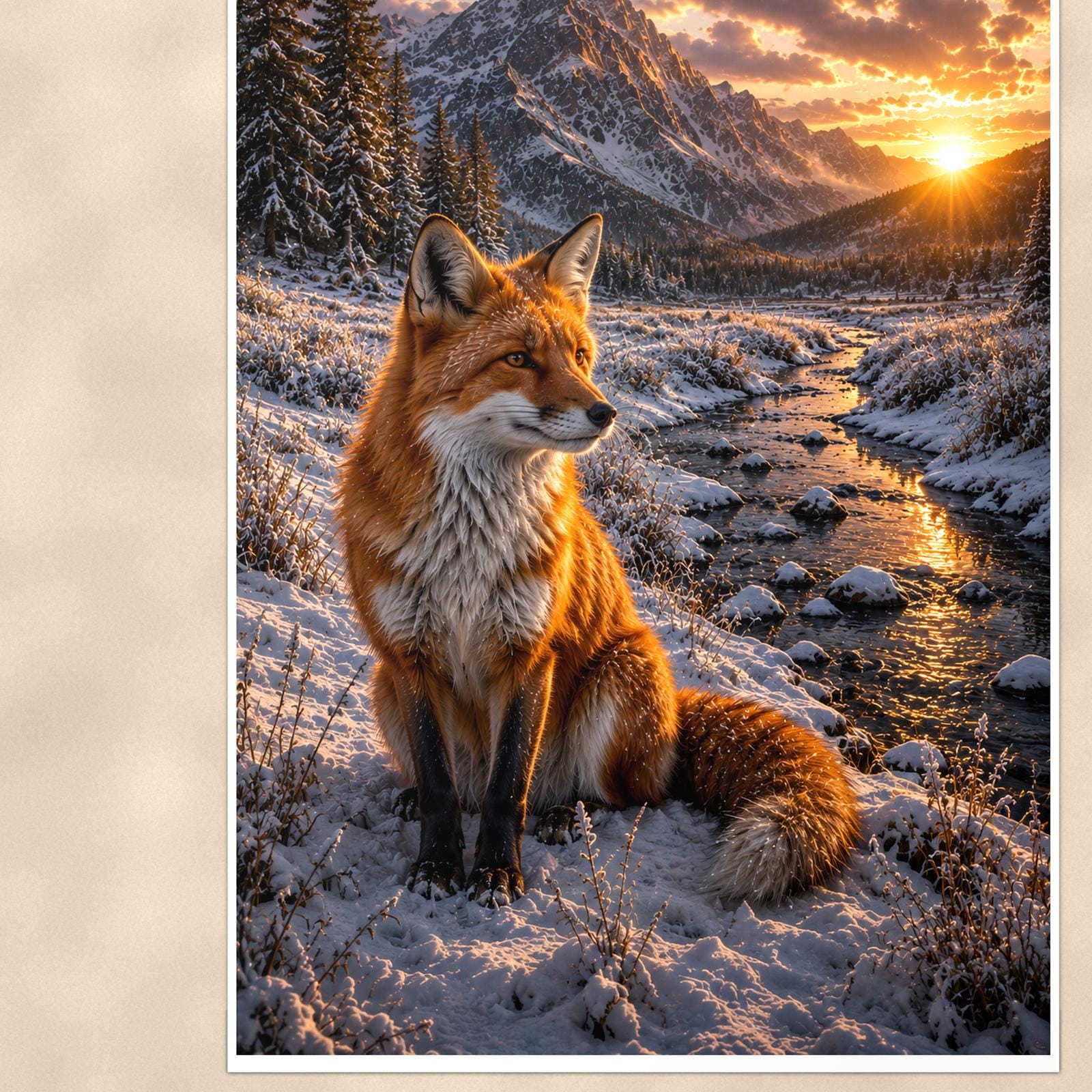 Winter Fox Creek — 24x36 in art print poster, premium luster paper with a white border; close-up framed on the main subject of the artwork, paper surface visible.