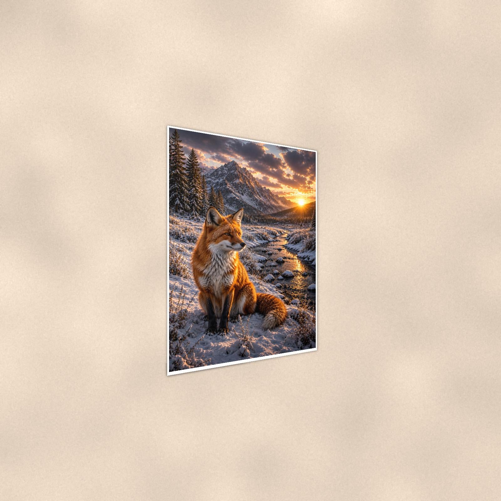 Winter Fox Creek — 24x36 in art print poster, premium luster paper with a white border; steeper three-quarter angle on a warm wall, catching the luster sheen.