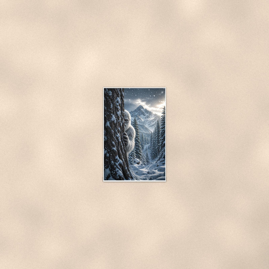 Silent Snowy Forest — 24x36 in art print poster, premium luster paper with a white border; poster seen from further back, at true 24x36 in scale on a warm wall.