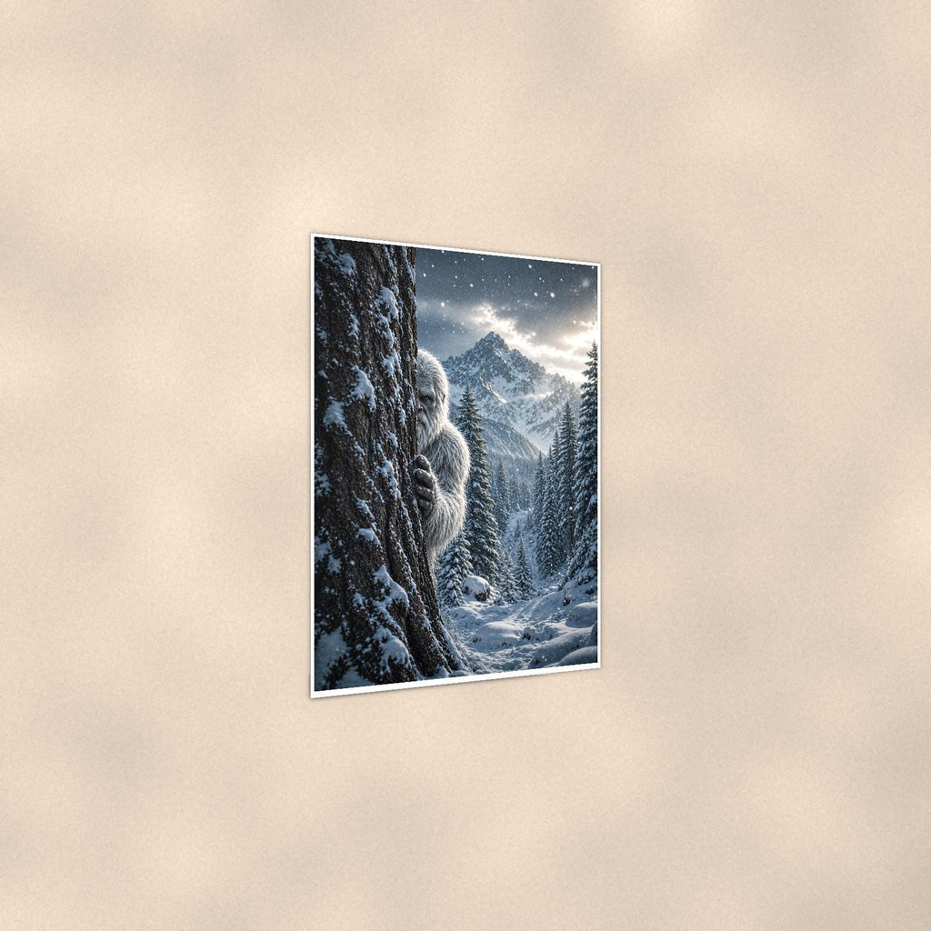 Silent Snowy Forest — 24x36 in art print poster, premium luster paper with a white border; gentle three-quarter angle on a warm wall, showing the flat paper edge.