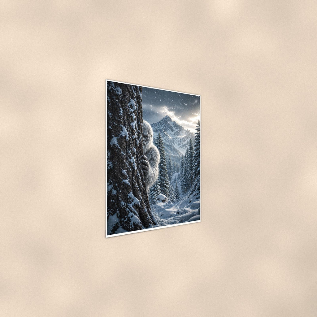 Silent Snowy Forest — 24x36 in art print poster, premium luster paper with a white border; steeper three-quarter angle on a warm wall, catching the luster sheen.