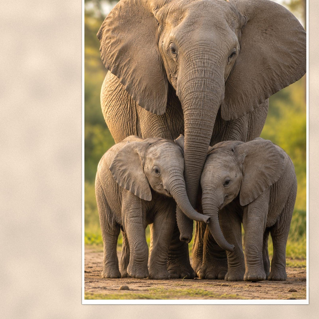 Elephant Family — 24x36 in art print poster, premium luster paper with a white border; close-up framed on the main subject of the artwork, paper surface visible.