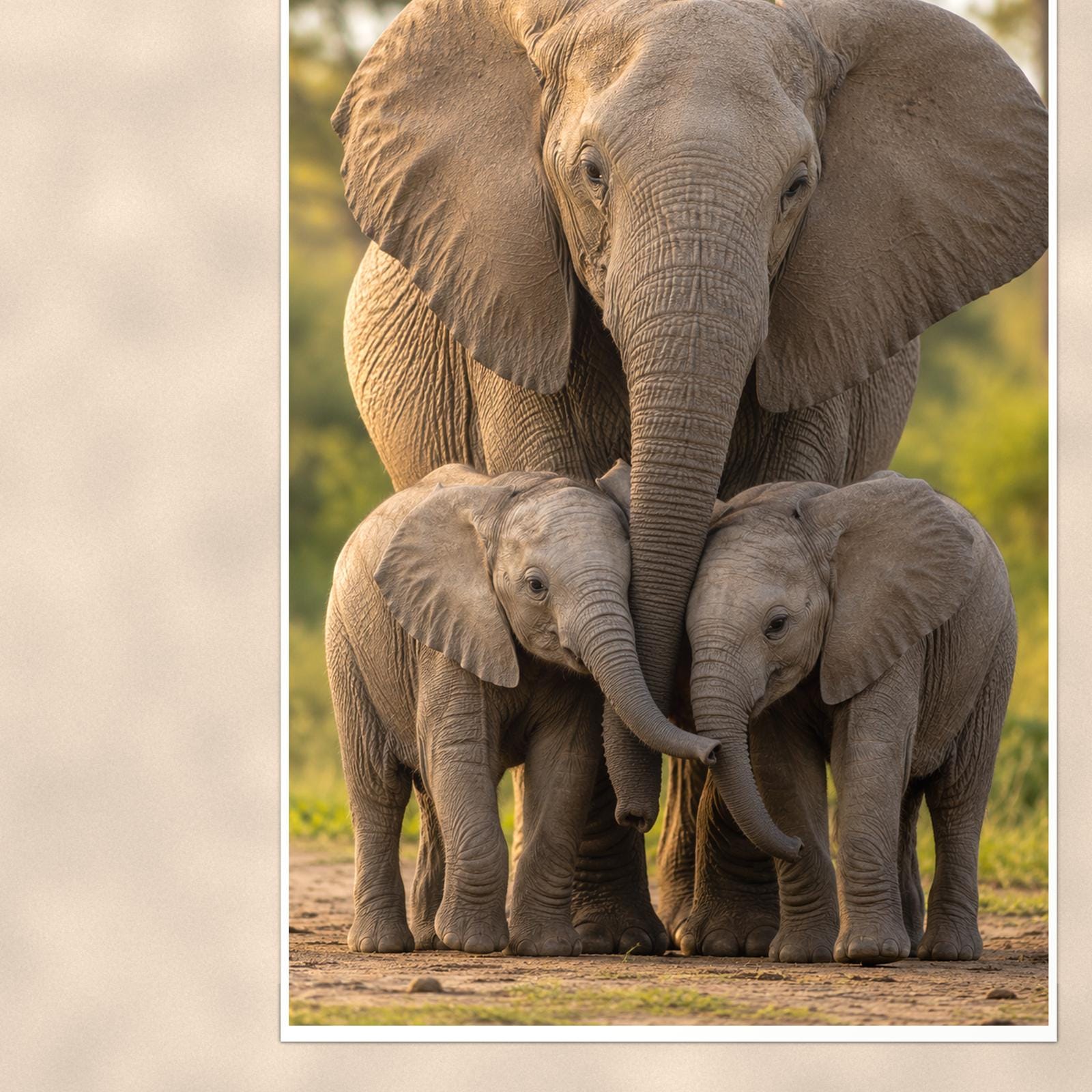 Elephant Family — 24x36 in art print poster, premium luster paper with a white border; close-up framed on the main subject of the artwork, paper surface visible.