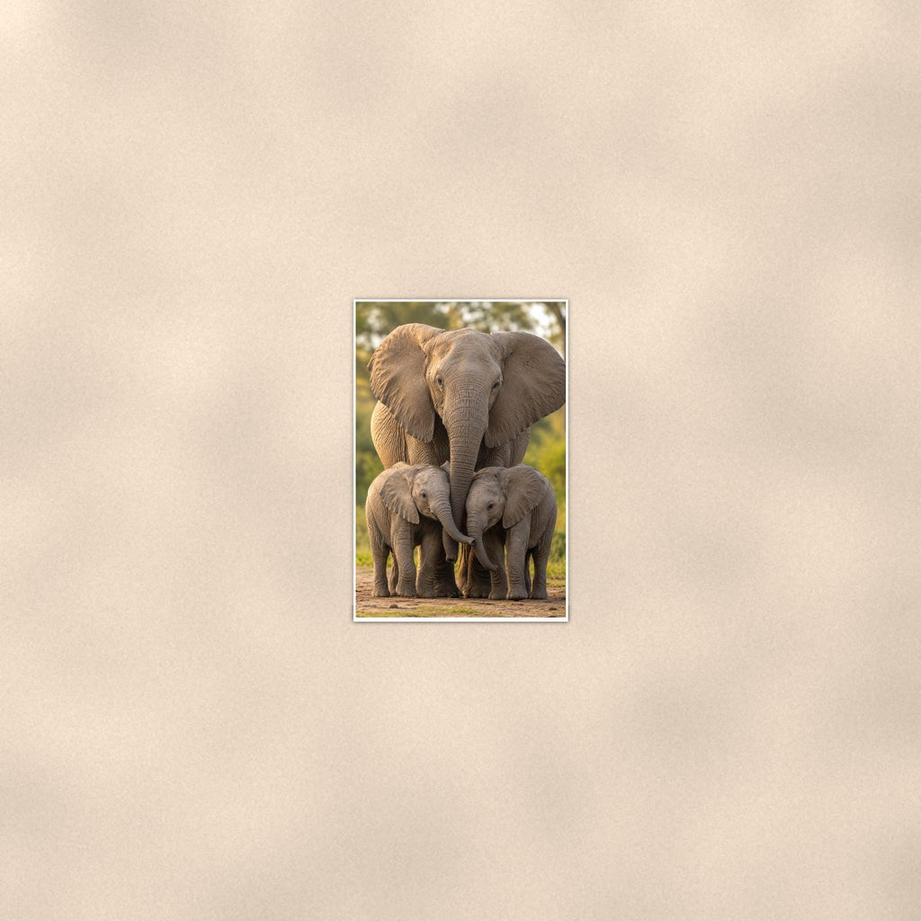 Elephant Family — 24x36 in art print poster, premium luster paper with a white border; poster seen from further back, at true 24x36 in scale on a warm wall.