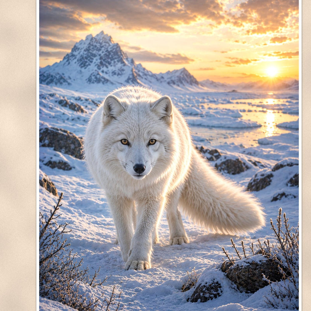 Arctic Fox Sunset — 24x36 in art print poster, premium luster paper with a white border; close-up framed on the main subject of the artwork, paper surface visible.