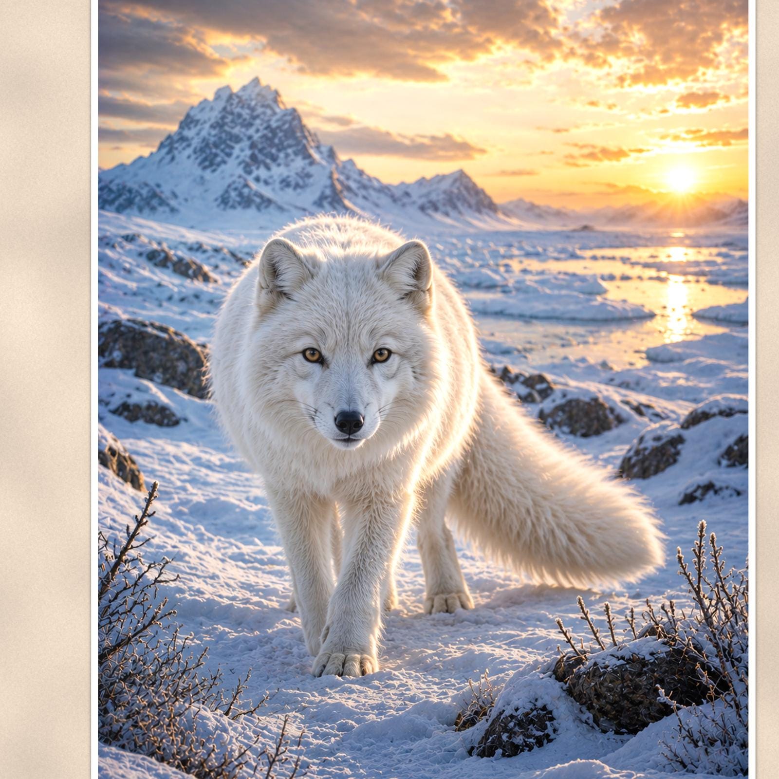 Arctic Fox Sunset — 24x36 in art print poster, premium luster paper with a white border; close-up framed on the main subject of the artwork, paper surface visible.