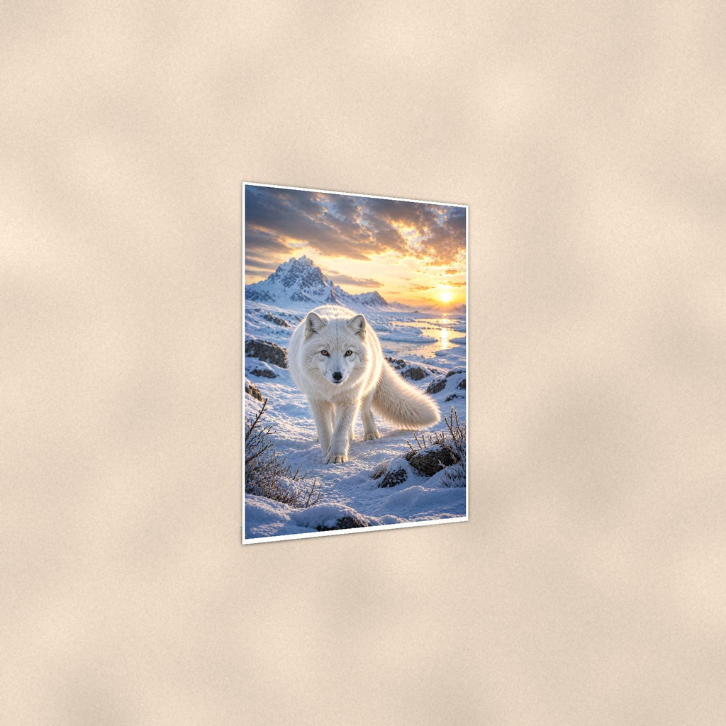 Arctic Fox Sunset — 24x36 in art print poster, premium luster paper with a white border; gentle three-quarter angle on a warm wall, showing the flat paper edge.