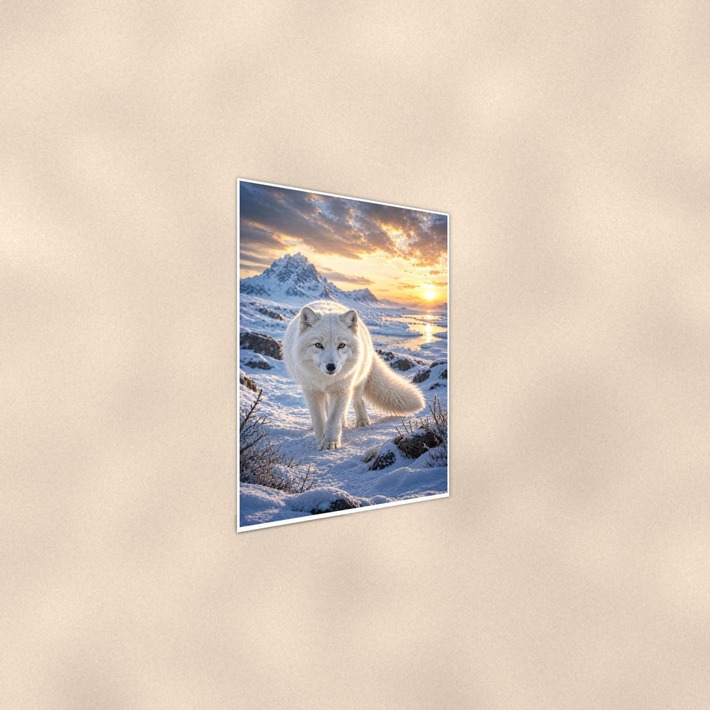 Arctic Fox Sunset — 24x36 in art print poster, premium luster paper with a white border; steeper three-quarter angle on a warm wall, catching the luster sheen.