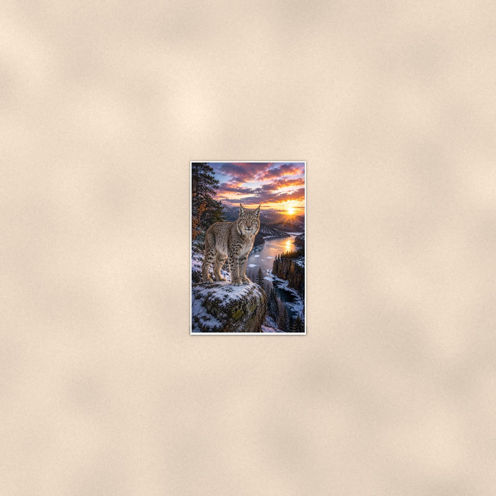 Lynx Cliff Sunset — 24x36 in art print poster, premium luster paper with a white border; poster seen from further back, at true 24x36 in scale on a warm wall.