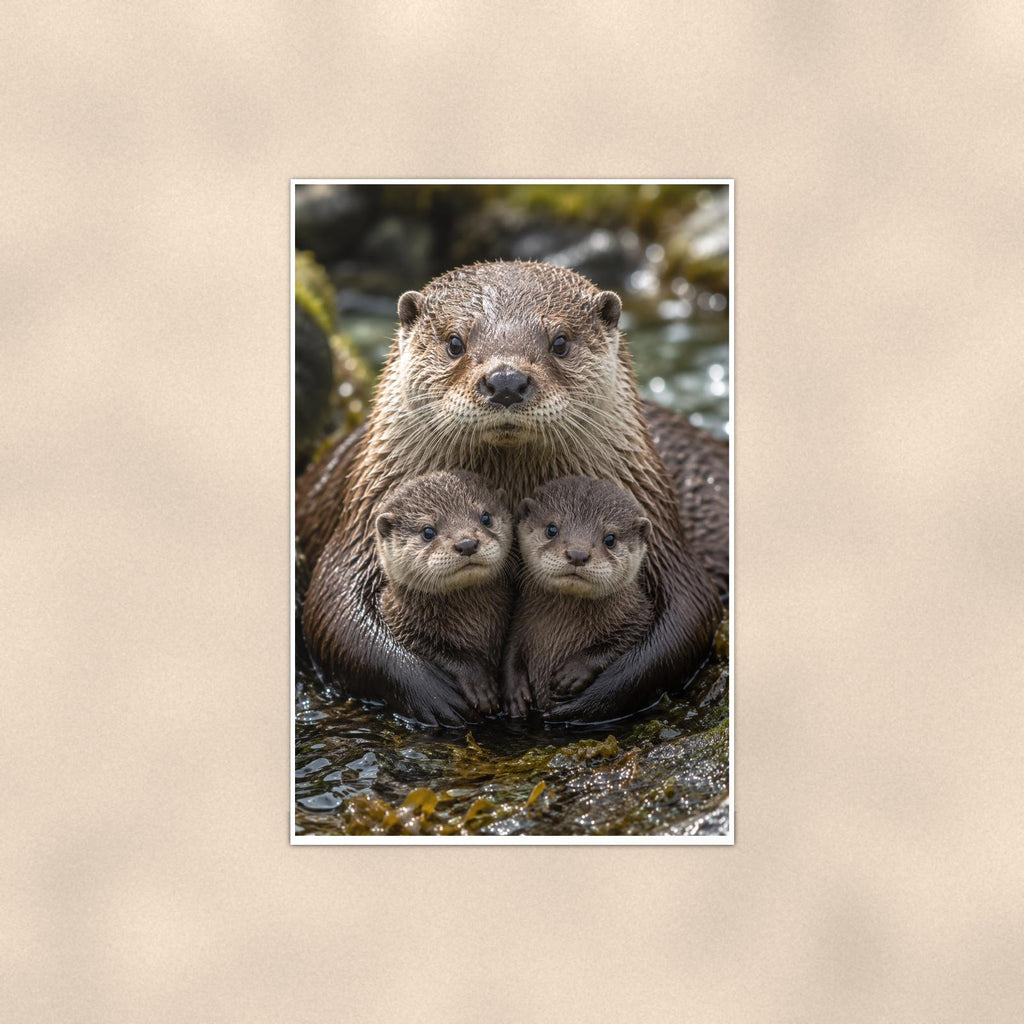 Otter Family — 24x36 in art print poster, premium luster paper with a white border; poster shown straight on against a warm wall.