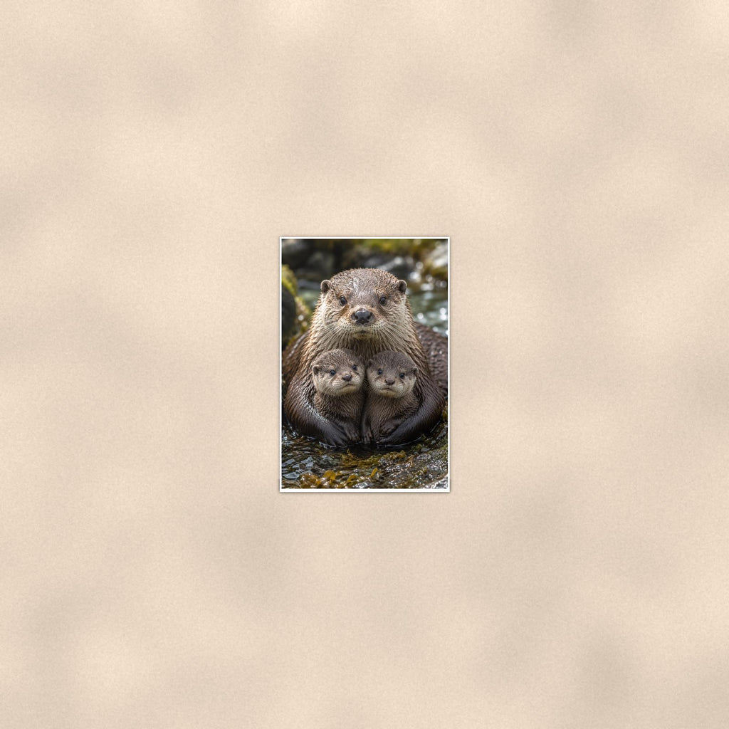 Otter Family — 24x36 in art print poster, premium luster paper with a white border; poster seen from further back, at true 24x36 in scale on a warm wall.