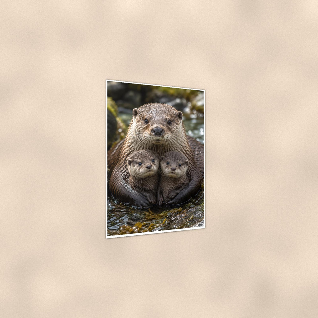 Otter Family — 24x36 in art print poster, premium luster paper with a white border; gentle three-quarter angle on a warm wall, showing the flat paper edge.