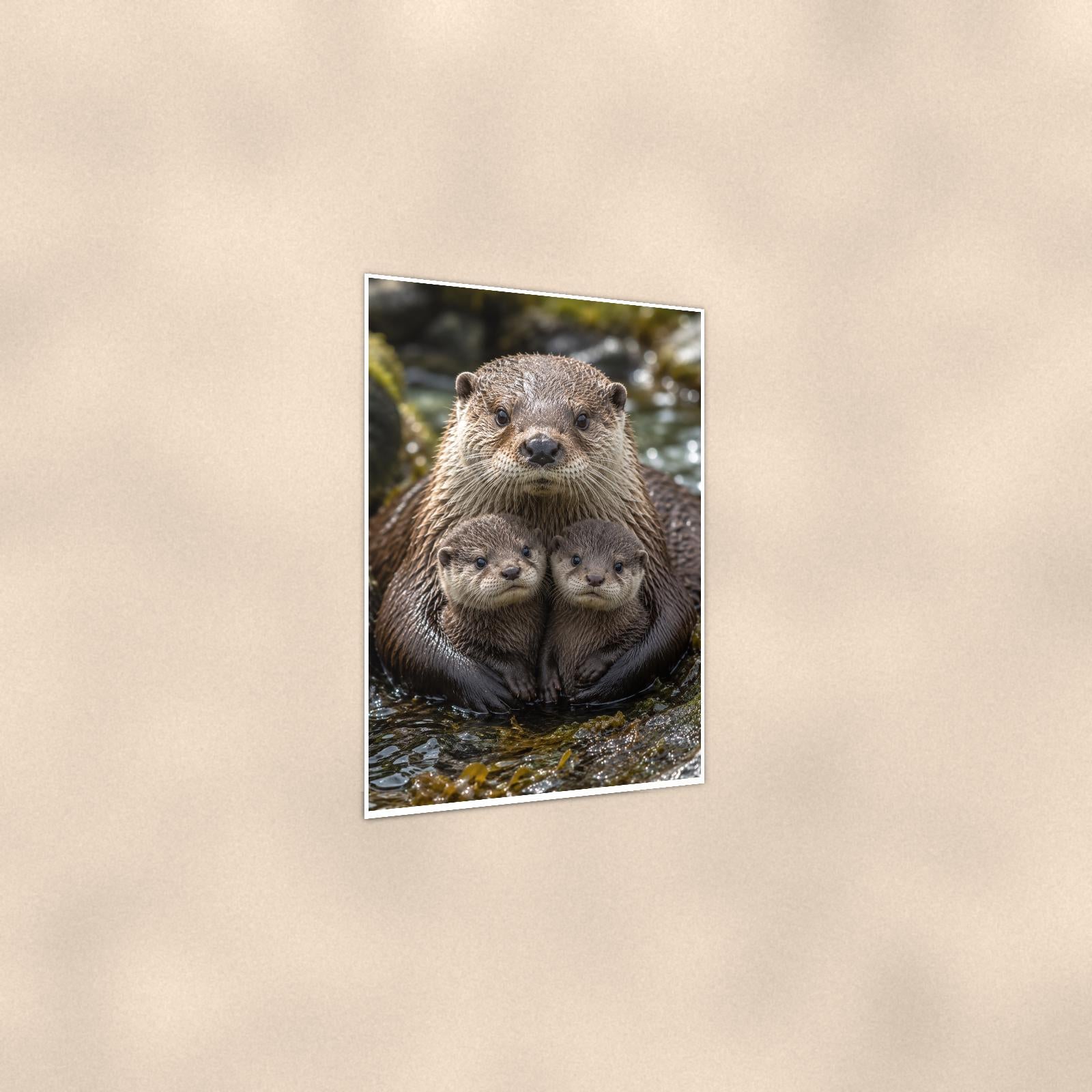 Otter Family — 24x36 in art print poster, premium luster paper with a white border; gentle three-quarter angle on a warm wall, showing the flat paper edge.