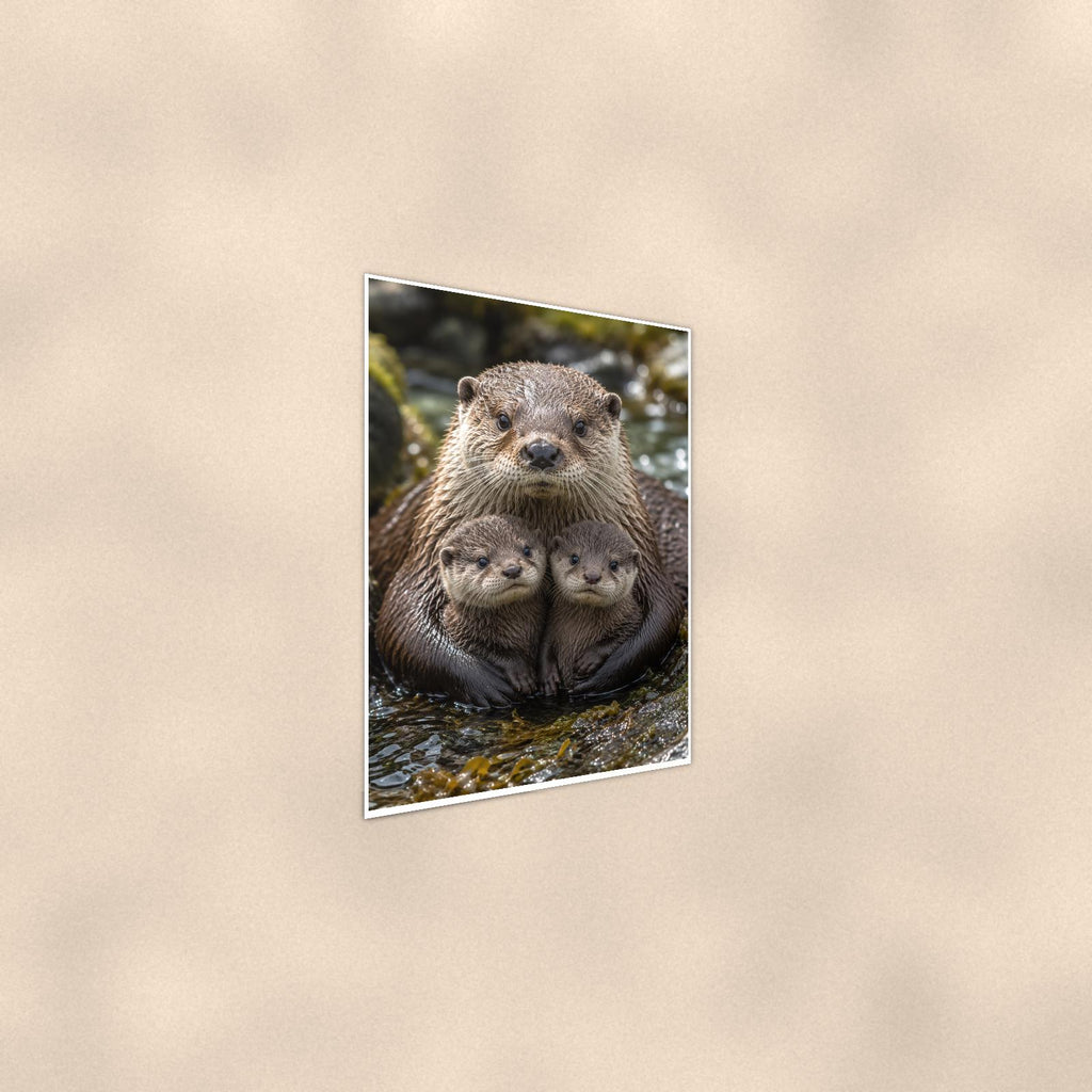 Otter Family — 24x36 in art print poster, premium luster paper with a white border; steeper three-quarter angle on a warm wall, catching the luster sheen.